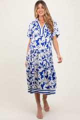 Blue Botanical Print A Line Tiered Maternity Dress