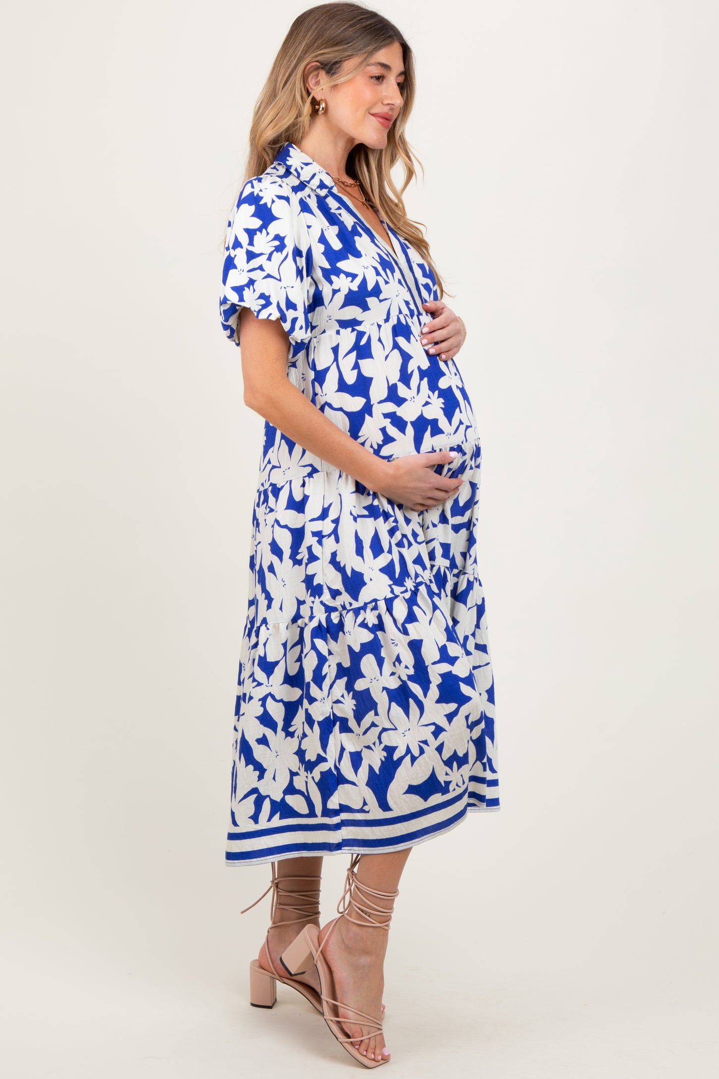 Blue Botanical Print A Line Tiered Maternity Dress