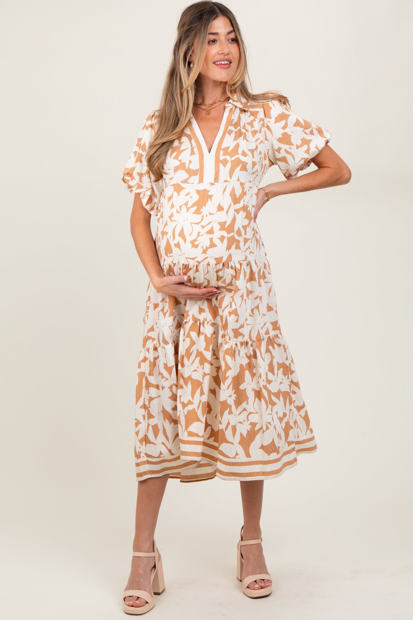 Mocha Botanical Print A Line Tiered Maternity Dress