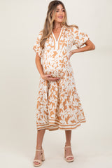 Mocha Botanical Print A Line Tiered Maternity Dress