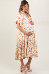 Mocha Botanical Print A Line Tiered Maternity Dress