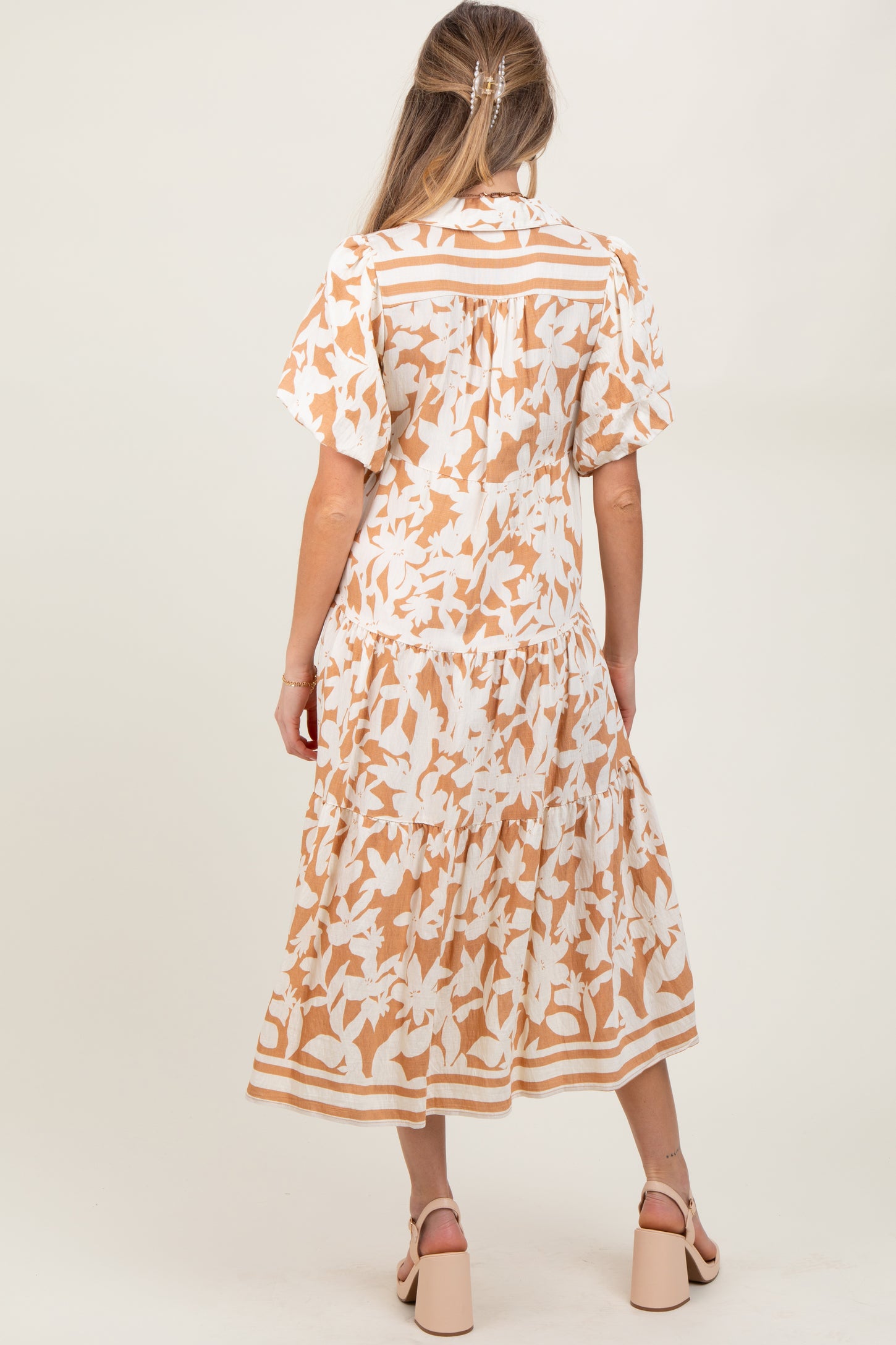 Mocha Botanical Print A Line Tiered Maternity Dress