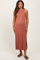 Rust Sleeveless Side Slit Maternity Midi Dress