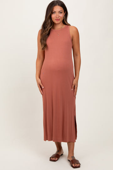 Rust Sleeveless Side Slit Maternity Midi Dress
