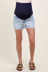 Light Blue High Rise Distressed Hem A Line Maternity Shorts