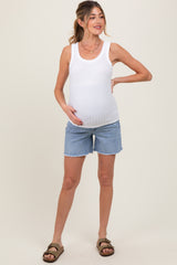 Blue High Rise Distressed Maternity Denim Shorts