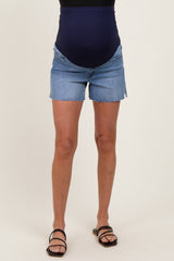 Blue High Rise Waist Clean Cut Maternity Denim Shorts