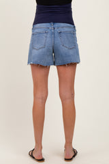 Blue High Rise Waist Clean Cut Maternity Denim Shorts