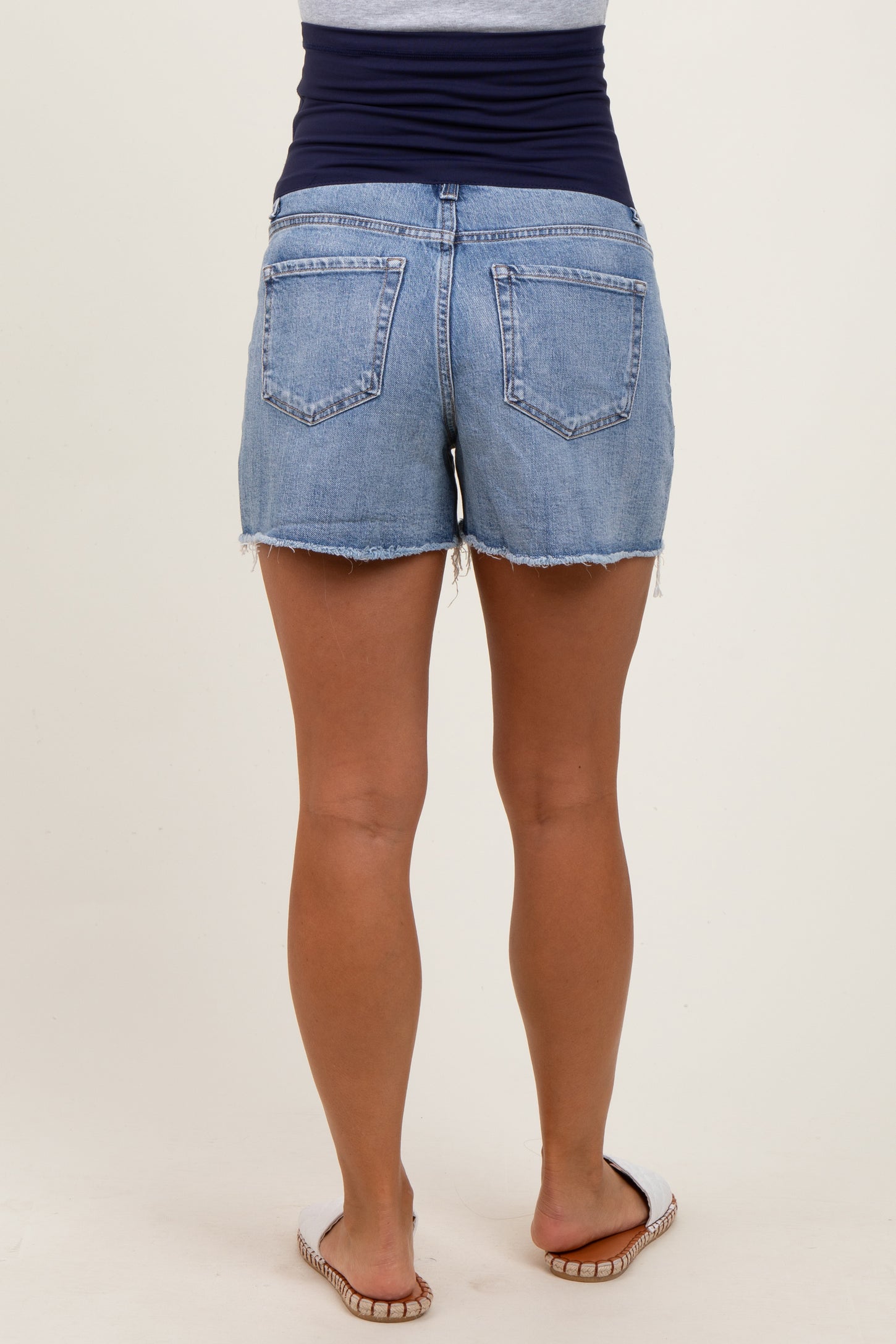 Blue High Rise Frayed Hem Maternity Denim Shorts