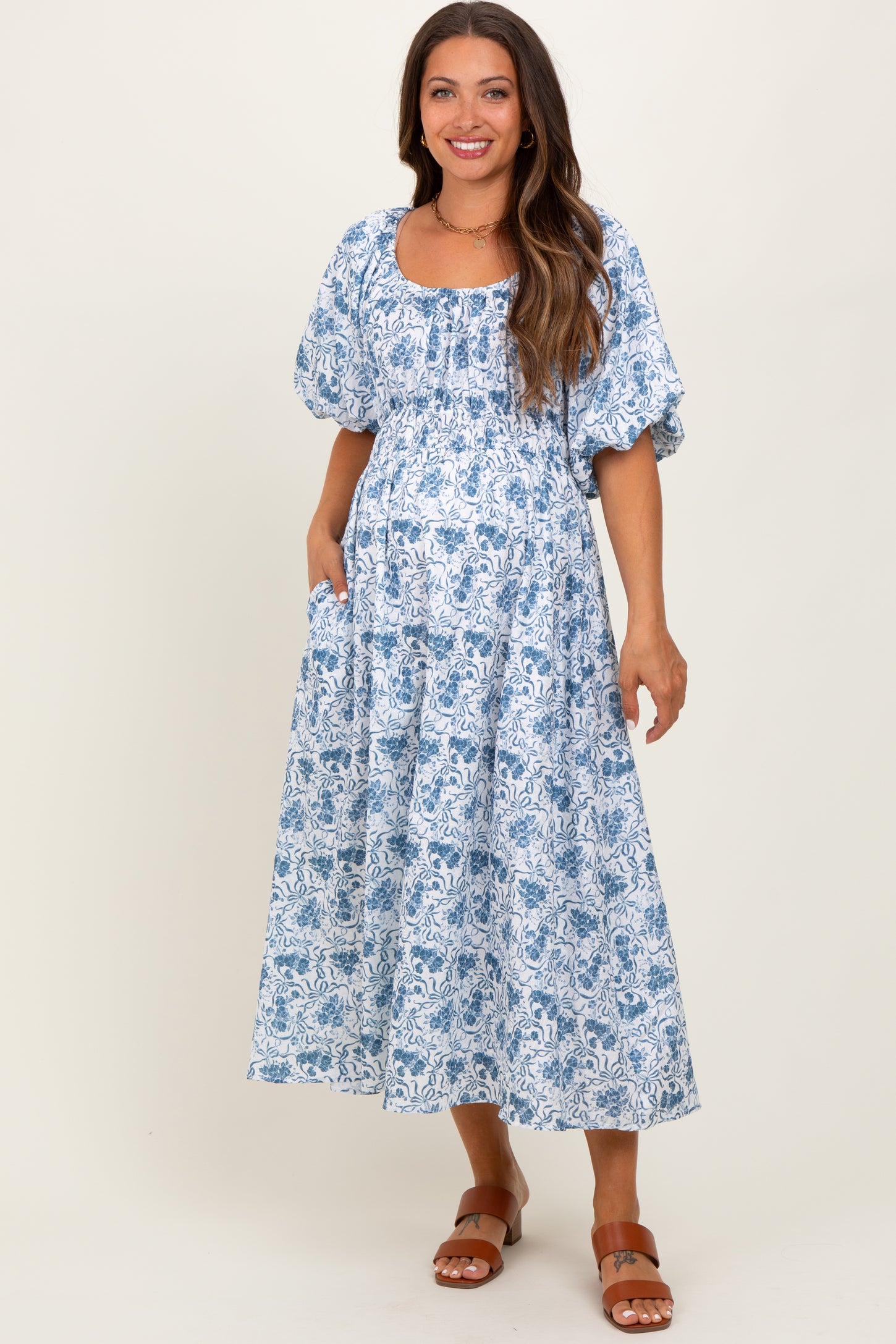 Blue Multi Printed Floral Maternity Maxi Dress