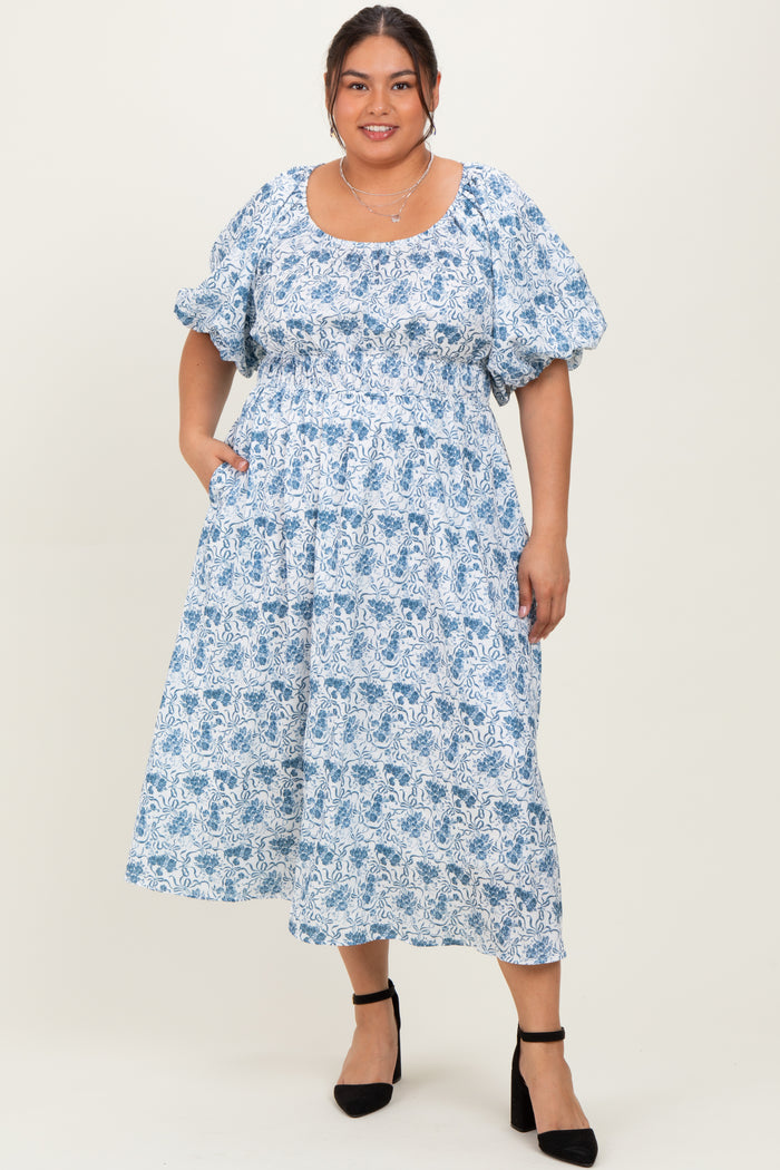 Blue Multi Printed Floral Bubble Sleeve Maternity Plus Maxi Dress