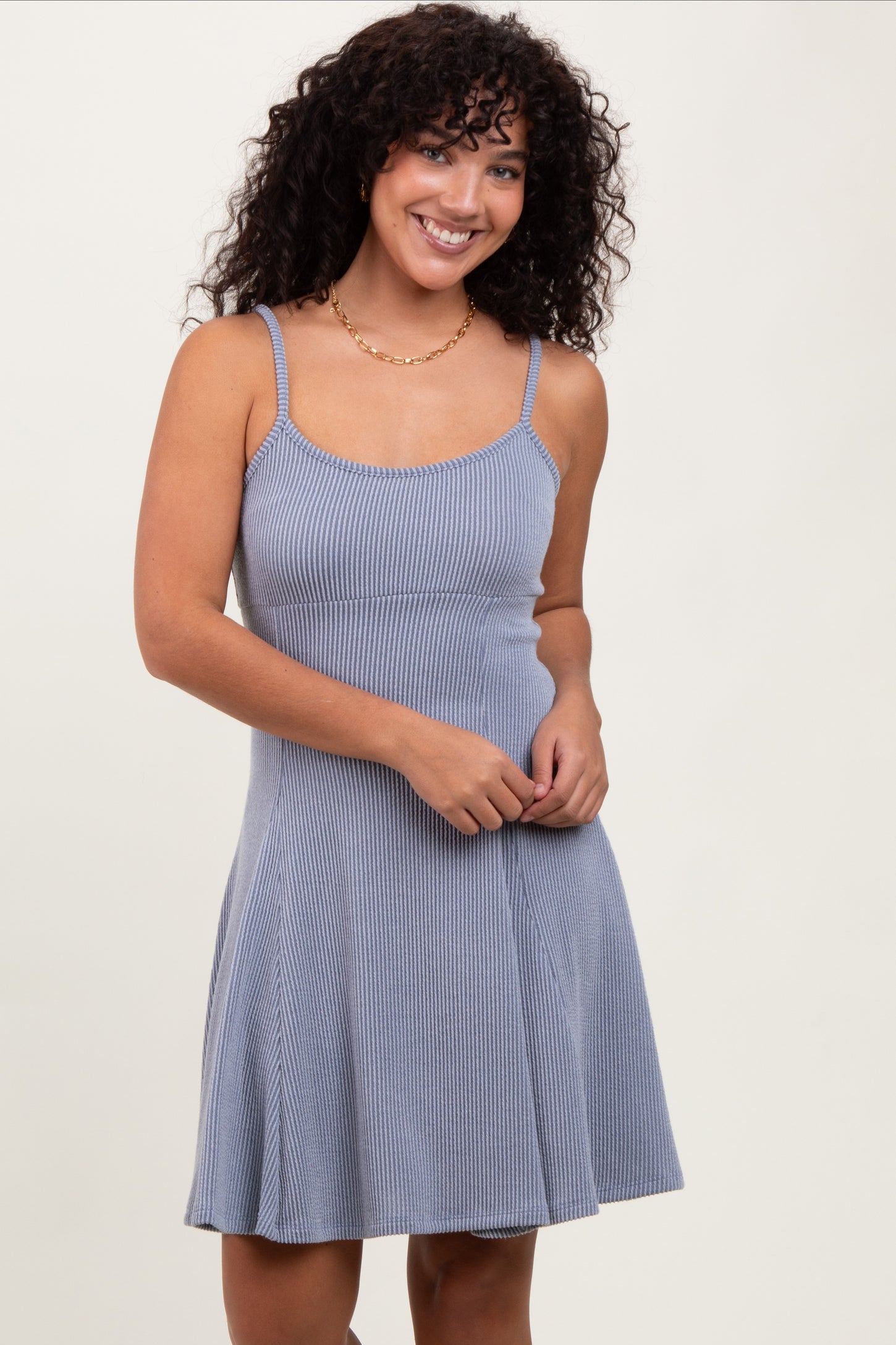 Light Blue Solid Ribbed Knitted Adjustable Strap Sleeveless Maternity Mini Dress