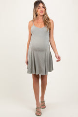 Light Olive Solid Ribbed Knitted Adjustable Strap Sleeveless Maternity Mini Dress