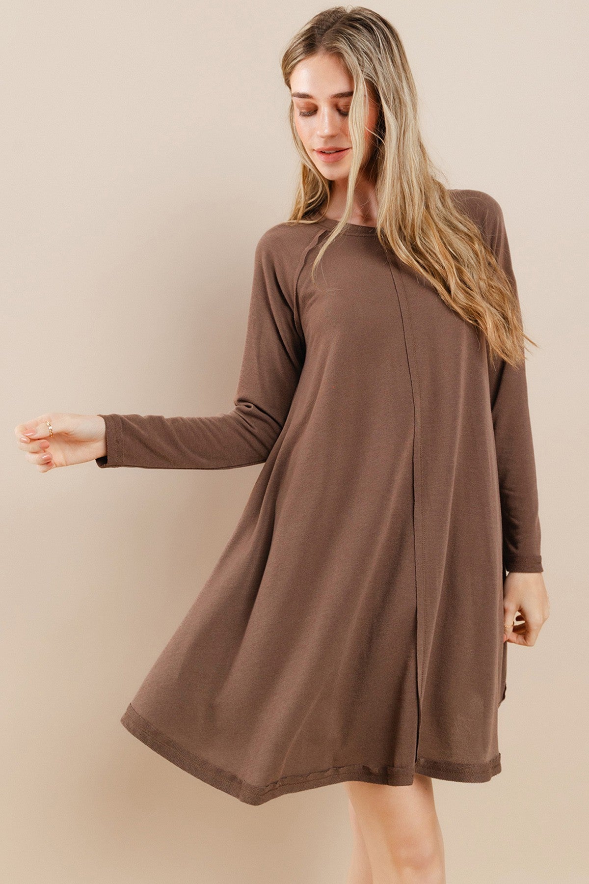 Brown Crew Neck Flared Fit Long Sleeve Maternity Mini Dress