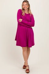 Magenta Crew Neck Flared Fit Long Sleeve Mini Dress