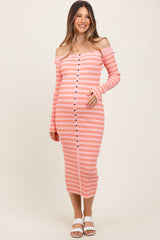 Peach Striped Ribbed Button Accent Off Shoulder Maternity Dress