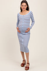 Light Blue Striped Ribbed Button Accent Off Shoulder Maternity Dress