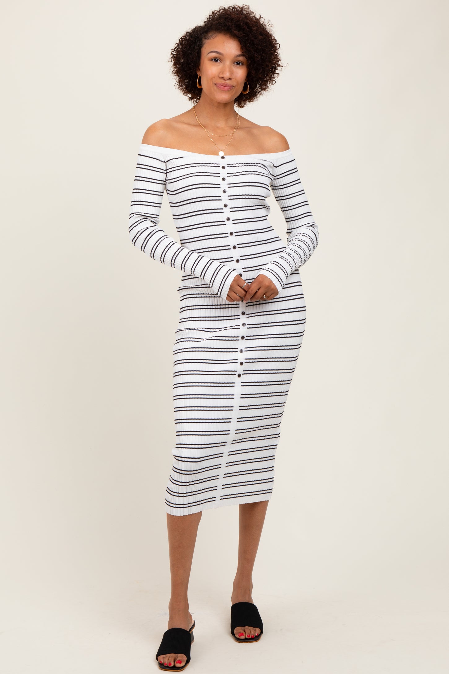White Striped Ribbed Button Accent Off Shoulder Maternity Dress