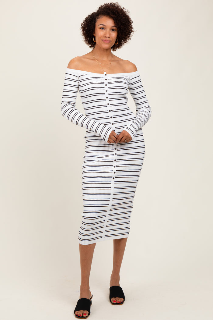 White Striped Ribbed Button Accent Off Shoulder Maternity Dress