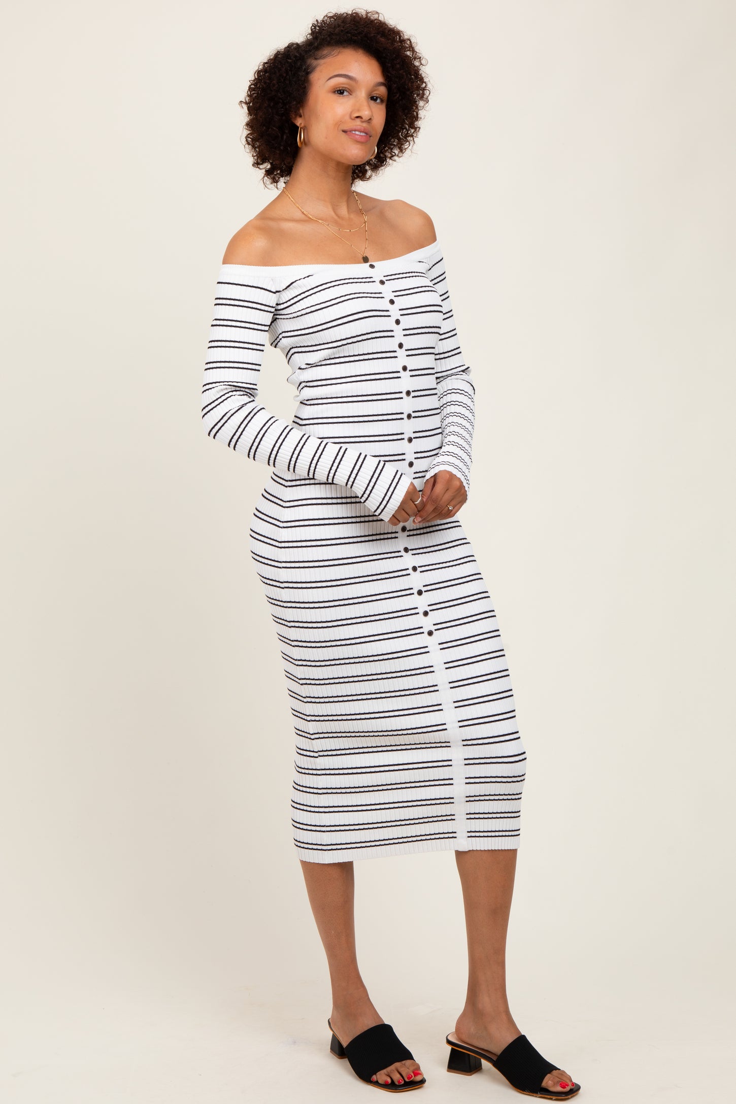 White Striped Ribbed Button Accent Off Shoulder Dress