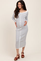 White Striped Ribbed Button Accent Off Shoulder Maternity Dress