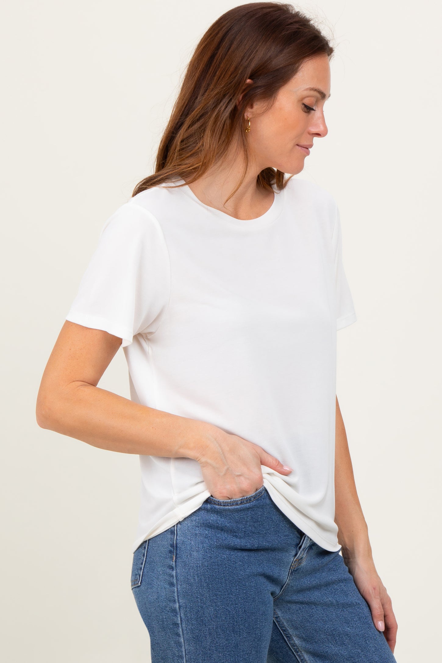 Cream Basic Round Neck Short Sleeve T-Shirt