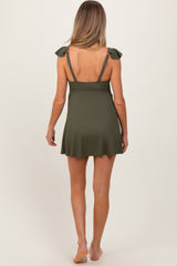 Olive Ribbed Ruffle Twist Front Maternity Swim Dress