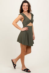 Olive Ribbed Ruffle Twist Front Swim Dress