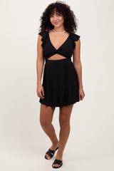 Black Ribbed Ruffle Twist Front Swim Dress