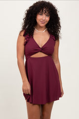 Burgundy Ribbed Ruffle Twist Front Swim Dress