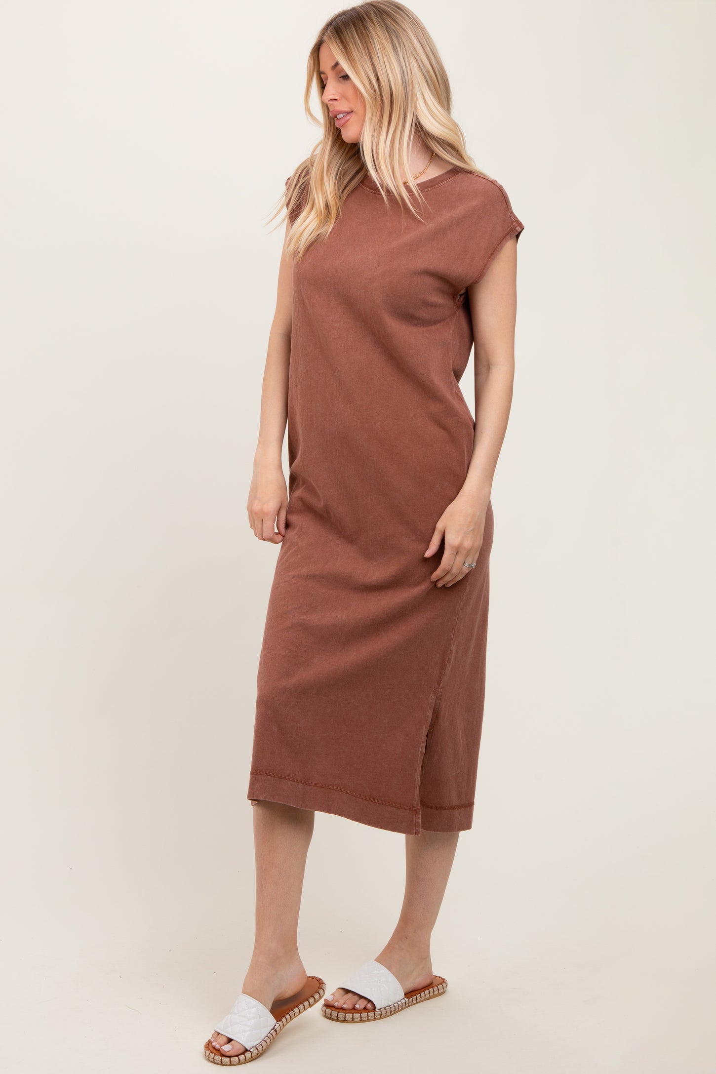 Camel Casual Sleeveless Pocketed Midi Dress