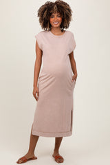 Taupe Casual Sleeveless Pocketed Maternity Midi Dress