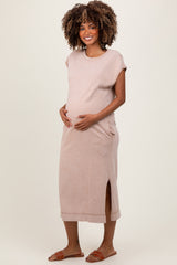 Taupe Casual Sleeveless Pocketed Maternity Midi Dress