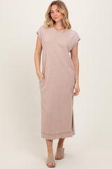 Taupe Casual Sleeveless Pocketed Midi Dress