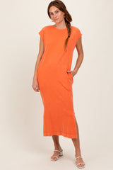 Orange Casual Sleeveless Pocketed Midi Dress