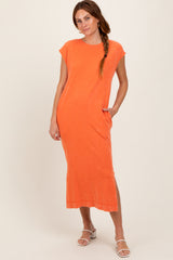 Orange Casual Sleeveless Pocketed Maternity Midi Dress