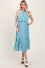 Blue Pleated Woven Maternity Midi Dress