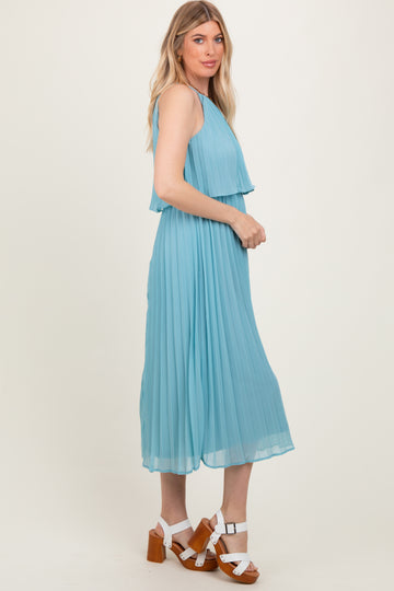 Blue Pleated Woven Midi Dress