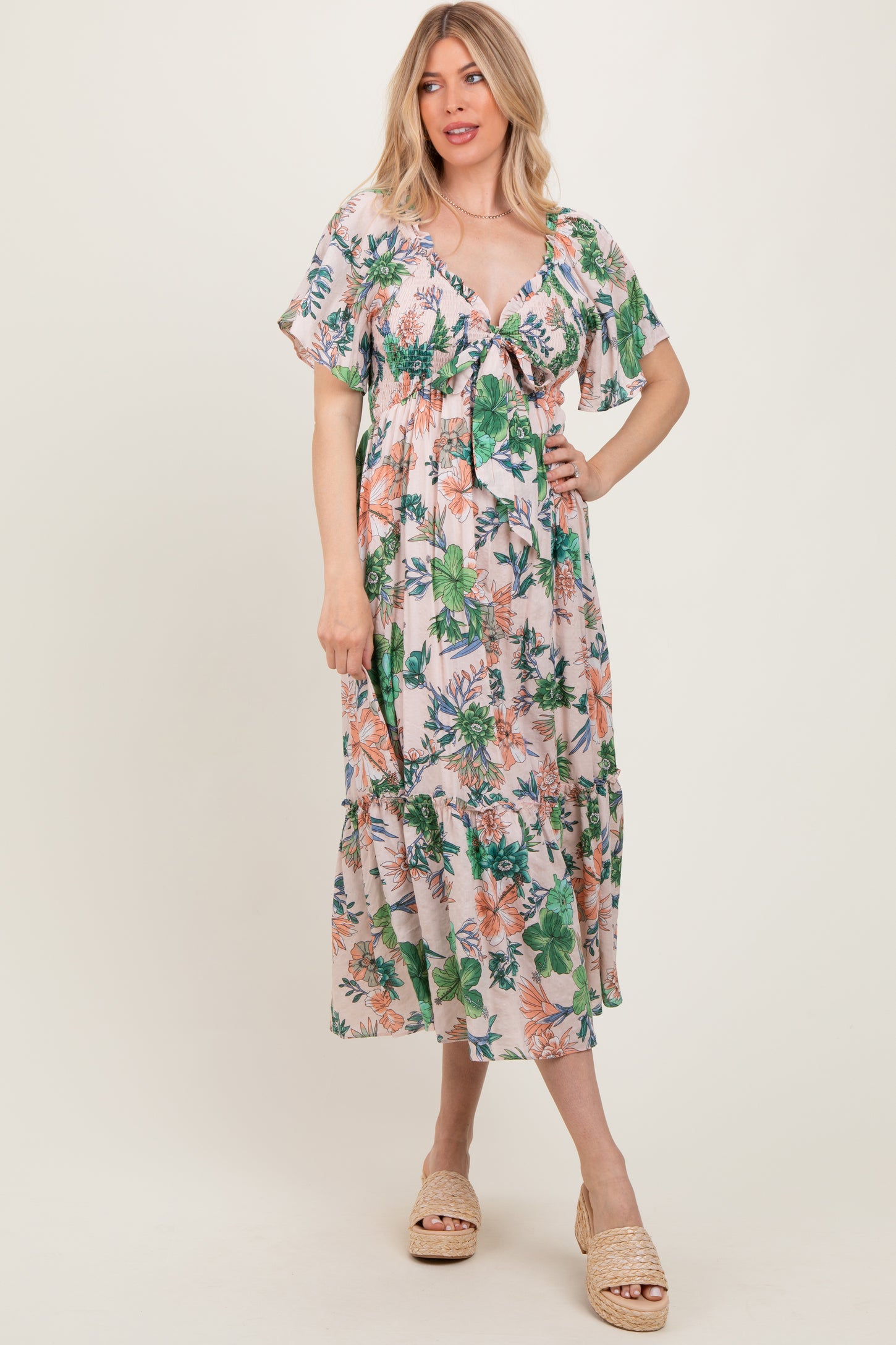 Light Pink Floral Print Woven Maternity Midi Dress