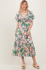 Light Pink Floral Print Woven Midi Dress