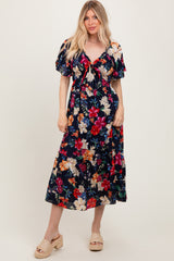 Navy Floral Print Woven Maternity Midi Dress