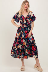Navy Floral Print Woven Midi Dress