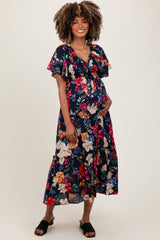 Navy Floral Print Woven Maternity Midi Dress