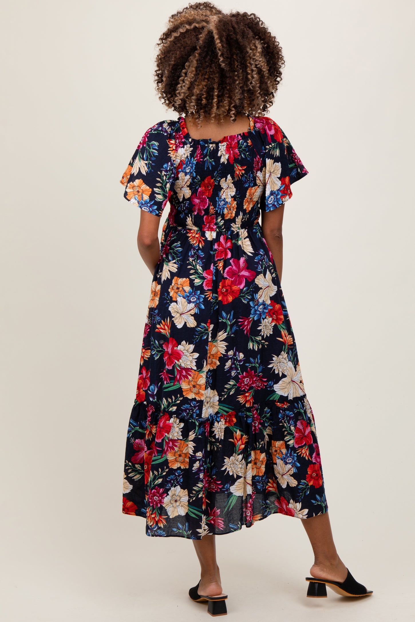 Navy Floral Print Woven Maternity Midi Dress