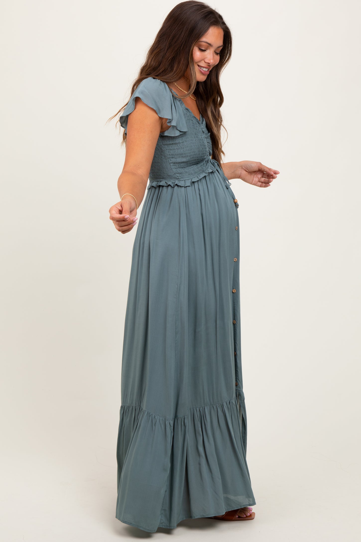 Sage Smocked Top Woven Maternity Maxi Dress