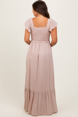 Taupe Smocked Top Woven Maternity Maxi Dress