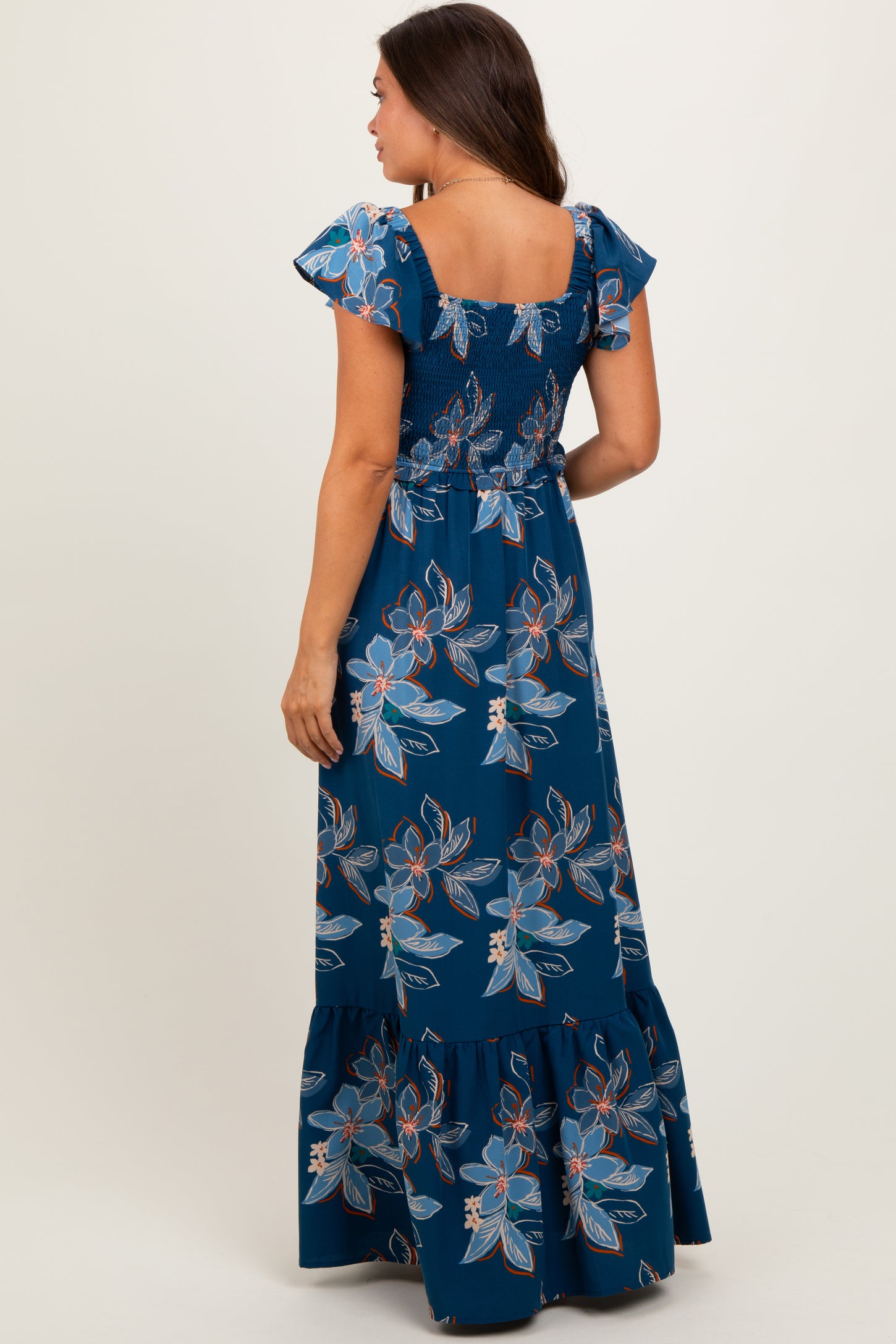 Navy Floral Smocked Cinched Top Maternity Maxi Dress