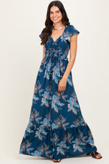 Navy Floral Smocked Cinched Top Maxi Dress