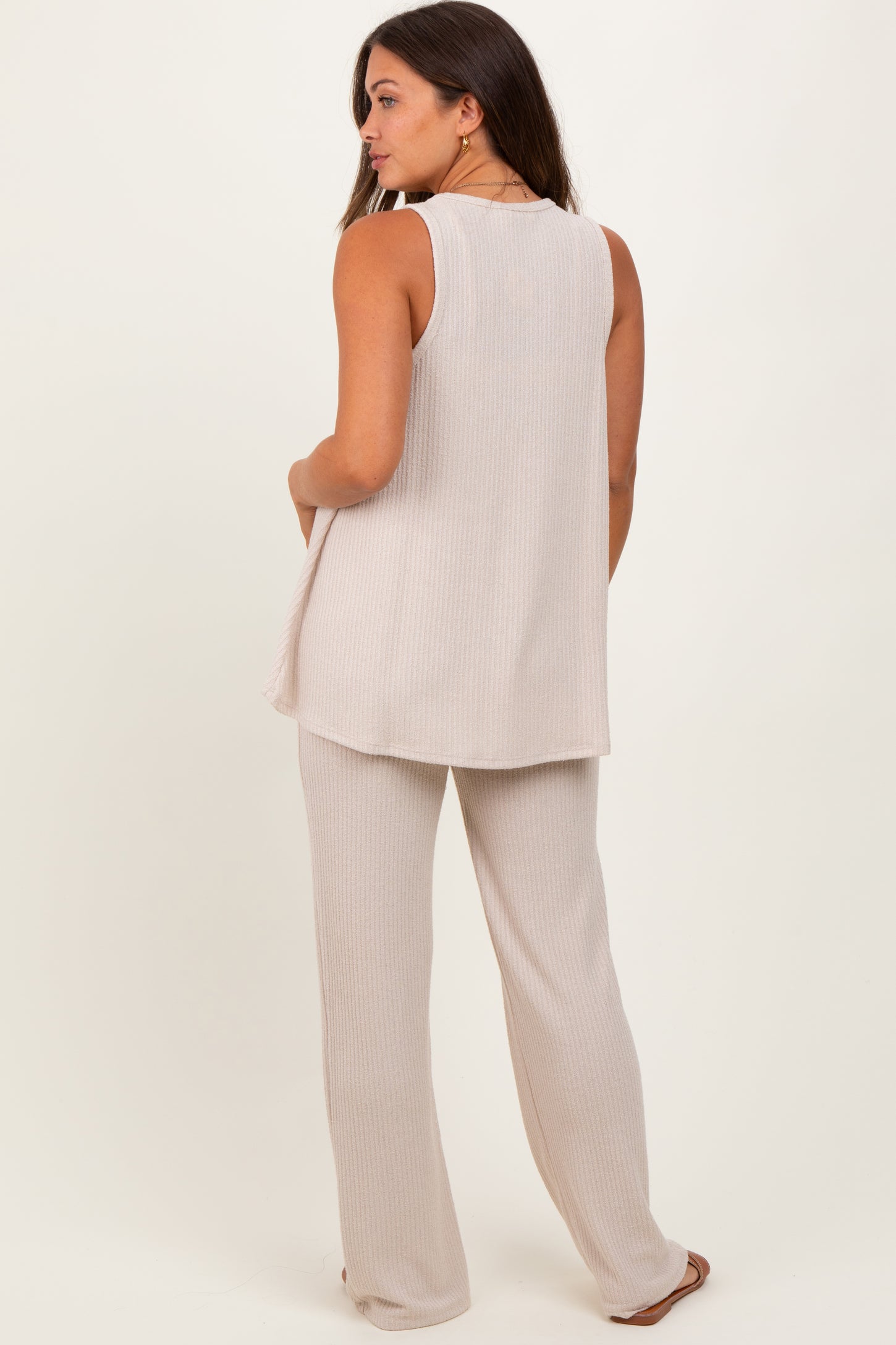Cream Rib Knit Tank and Pant Maternity Set