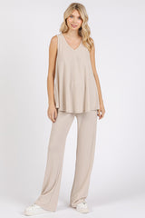 Cream Rib Knit Tank and Pant Maternity Set